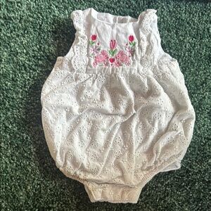 White Eyelet Baby Romper with Pink Floral Embroidery